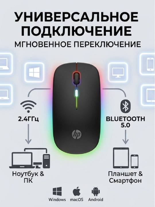 Simsiz kompyuter sichqonchasi HP W10 Bluetooth va USB 2.4 GHz