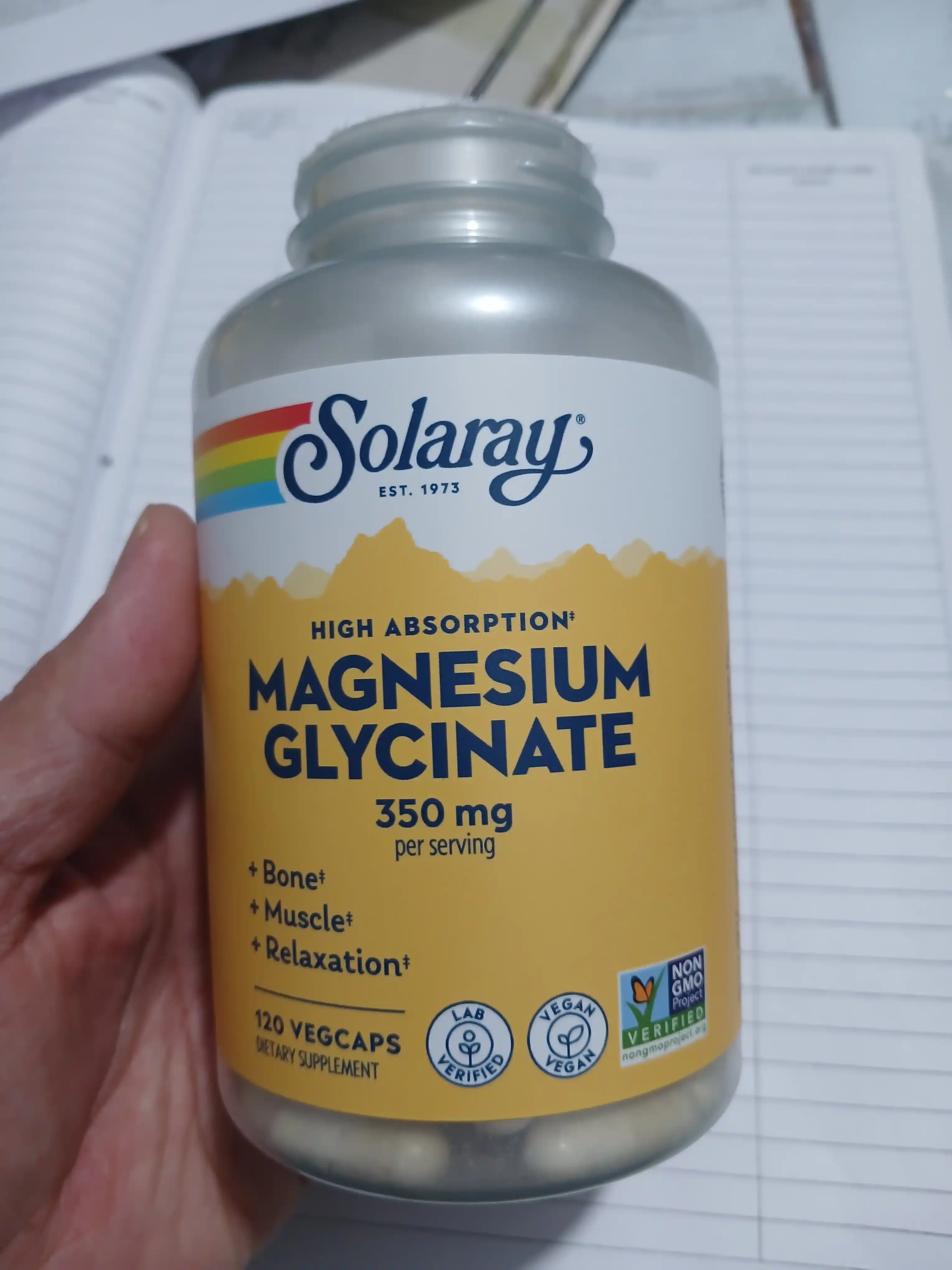 Solaray, Yuqori o‘zlashuvchan magniy glitsinat, AQSH 350 mg, 120 ta o‘simlik kapsulasi