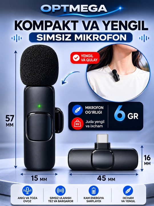 Mikrofon petlitsa, telefon uchun, simsiz, iPhone va Android uchun petlitsa, 2 dona