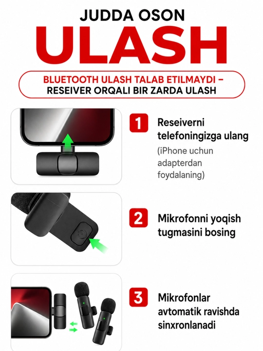 Mikrofon petlitsa, telefon uchun, simsiz, iPhone va Android uchun petlitsa, 2 dona