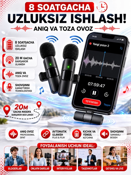 Mikrofon petlitsa, telefon uchun, simsiz, iPhone va Android uchun petlitsa, 2 dona