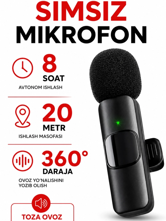 Mikrofon petlitsa, telefon uchun, simsiz, iPhone va Android uchun petlitsa, 2 dona