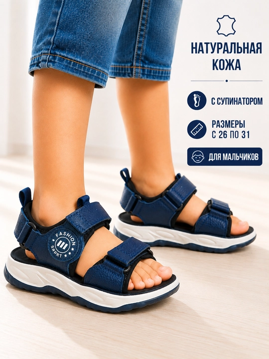 O‘g‘il bolalar uchun charm sandallar Sovyonok, lipuchkali, yengil gel taglikli - 