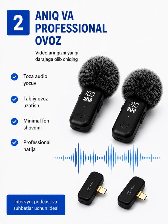 QY88 Simsiz Petlichka Mikrofon 2TX+RX Type-C, Shovqinni Kamaytirish, Zaryadlash