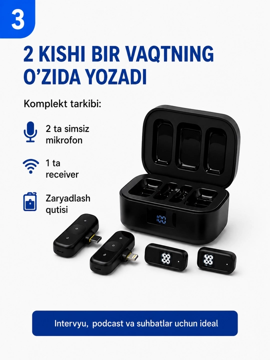 QY88 Simsiz Petlichka Mikrofon 2TX+RX Type-C, Shovqinni Kamaytirish, Zaryadlash