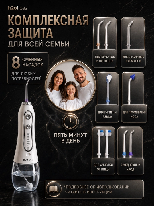 H2OFloss portativ irrigatori, 5 rejim, 8 nasadka, tish va milk kompleks parvarishi