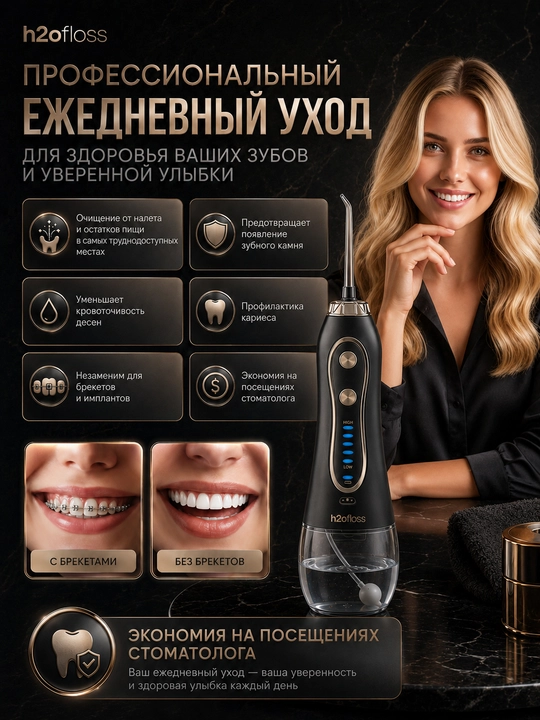 H2OFloss portativ irrigatori, 5 rejim, 8 nasadka, tish va milk kompleks parvarishi