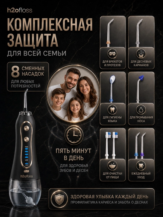 H2OFloss portativ irrigatori, 5 rejim, 8 nasadka, tish va milk kompleks parvarishi