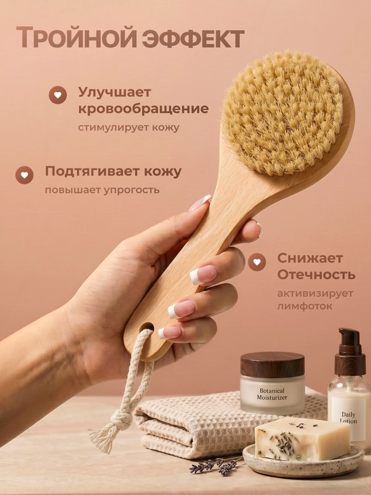 Антицеллюлитная массажная щетка для тела из щетины кактуса для сухого массажа