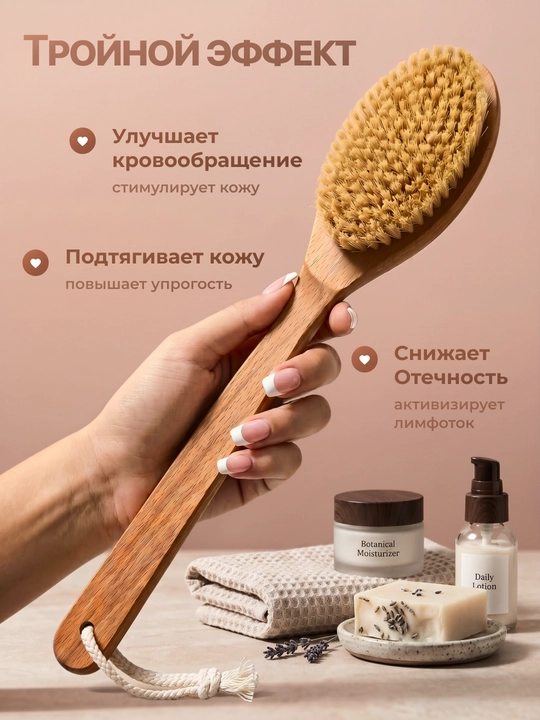 Антицеллюлитная массажная щетка для тела из щетины кактуса для сухого массажа