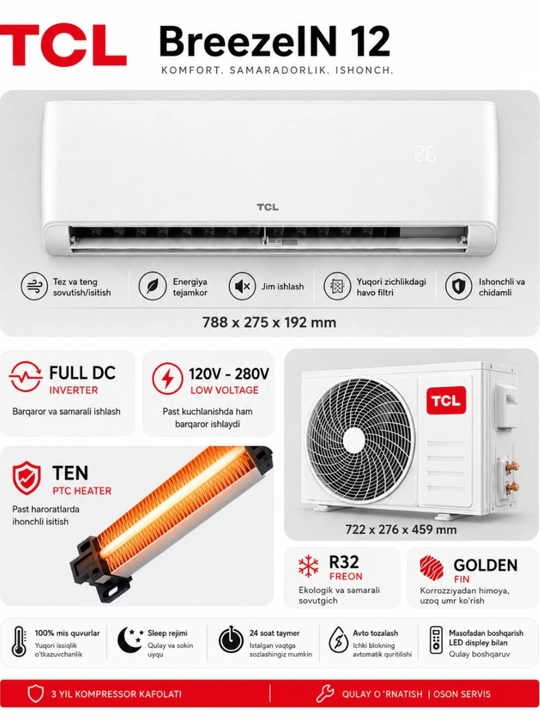 TCL BreezelN 12 280 seriyali konditsioneri — zamonaviy dizayn, energiya tejamkorligi - 