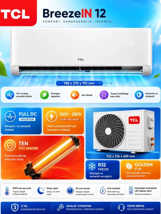 TCL BreezelN 12 280 seriyali konditsioneri — zamonaviy dizayn, energiya tejamkorligi