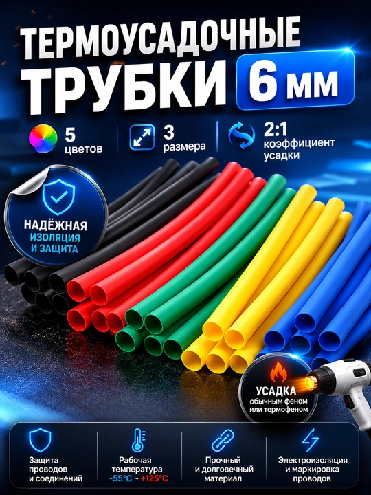 Termoyiqituvchi trubka to‘plami d6 6 mm, 5 xil rang, 3 o‘lchamda mavjud - 