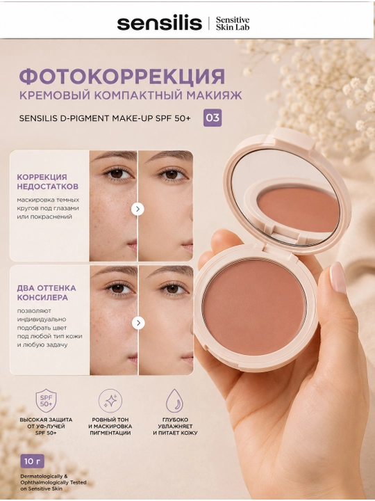 Фотокоррекция, кремовый компактный макияж, 10 г SENSILIS, DPIGMENT MAKEUP SPF50+ 03 - 