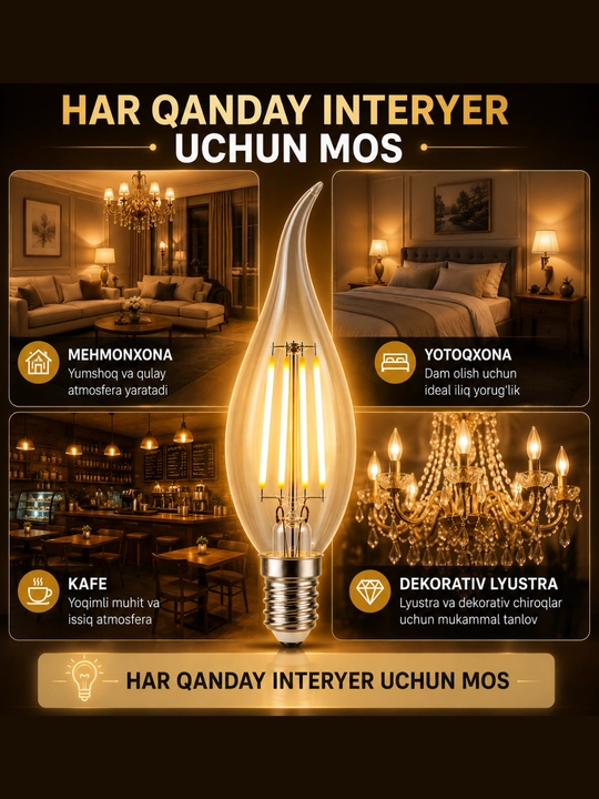 LED filament lampa TESS C35, Patron E14, 5W, sham dekorativ lyustra uchun 2700K-sariq rang