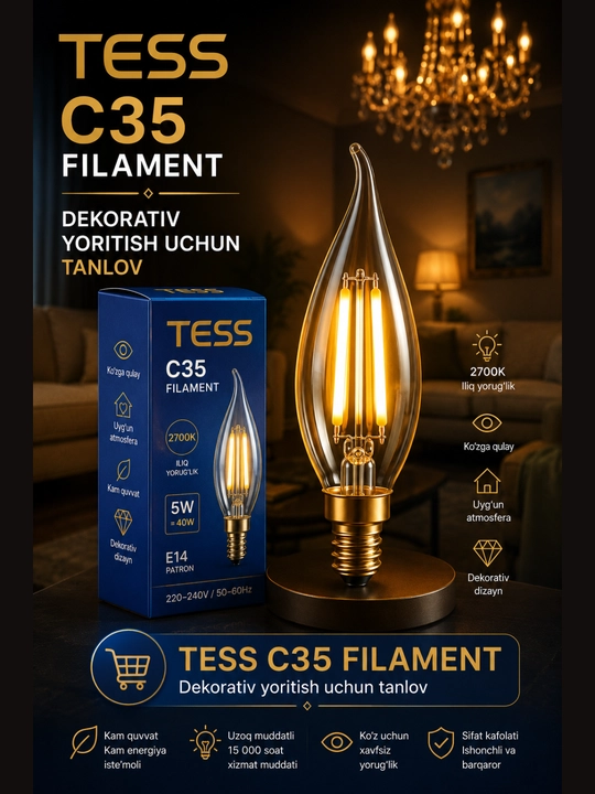 LED filament lampa TESS C35, Patron E14, 5W, sham dekorativ lyustra uchun 2700K-sariq rang