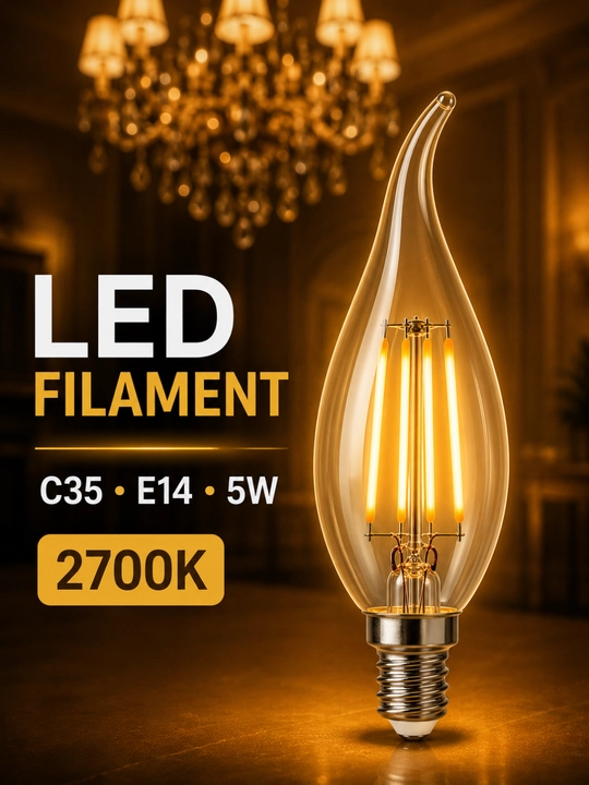 LED filament lampa TESS C35, Patron E14, 5W, sham dekorativ lyustra uchun 2700K-sariq rang - 