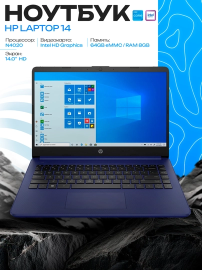 Ноутбук HP Laptop 14-dq0035dx 14" HD, Intel Celeron N4020, 8GB, 64GB eMMC