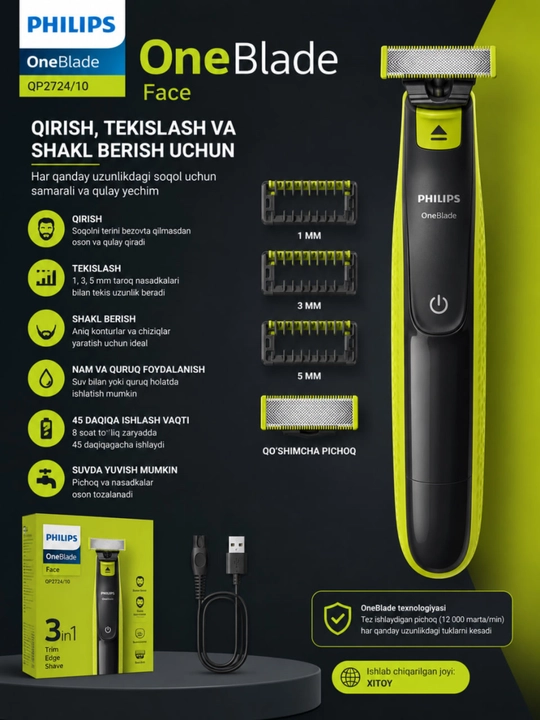 Philips OneBlade Face QP2724/10 Soqolni qirish, shakl berish uchun qulay zamonaviy trimmer - 