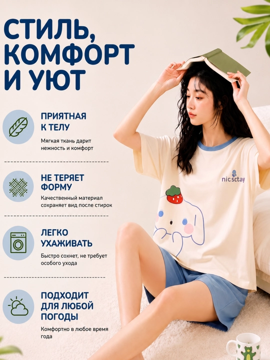 Пижама для женщин и девушек, двойка, футболка и шорты для дома