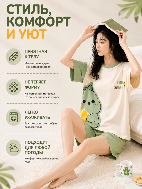 Пижама для женщин и девушек, двойка, футболка и шорты для дома
