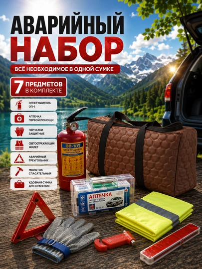 Комплект огнетушителя. Комплект 7 шт., необходимый в случае аварии, аптечка c сертификатом — MASHBOZ-APTECHKA-ШОКОЛ