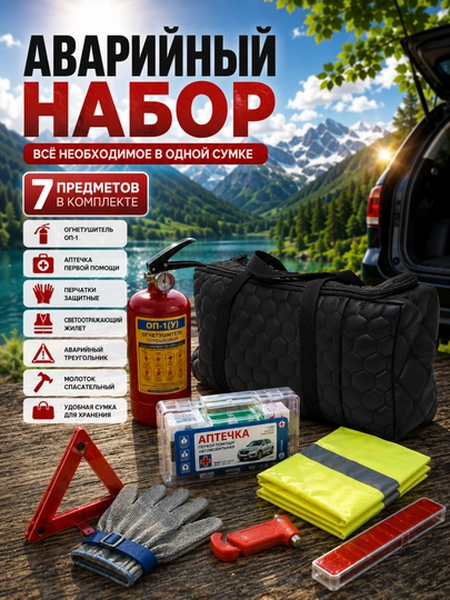 Комплект огнетушителя. Комплект 7 шт., необходимый в случае аварии, аптечка c сертификатом — MASHBOZ-APTECHKA-ЧЕРНСТЕ