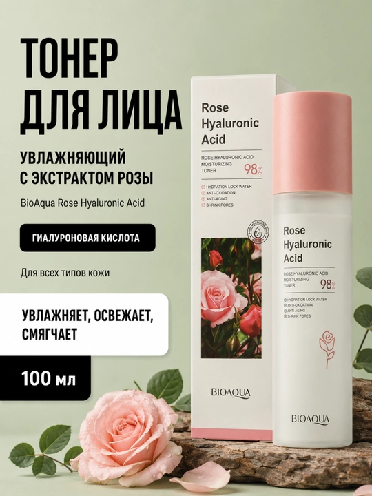 Увлажняющий тонер для лица с экстратком розы BioAqua Rose Hyaluronic Acid - 
