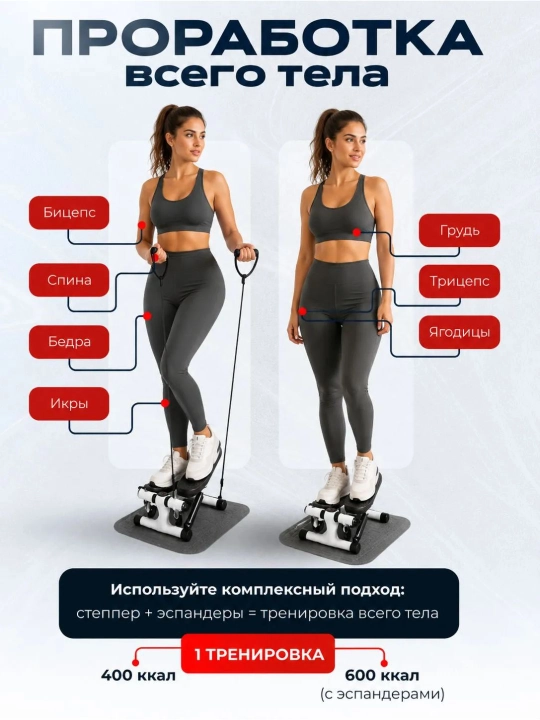 Мини-степпер (120 кг) с экспандером – кардиотренажер для похудения, ног и ягодиц