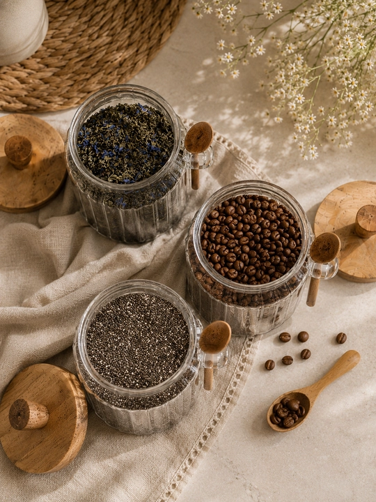 Shisha idish, sochiluvchan mahsulotlar uchun qopqoqli va qoshiqchali shisha banka