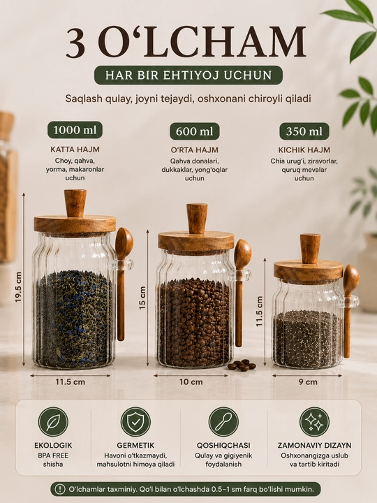 Shisha idish, sochiluvchan mahsulotlar uchun qopqoqli va qoshiqchali shisha banka