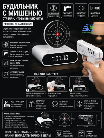Будильник с мишенью и пистолетом электронные часы будильник Gun Alarm Clock