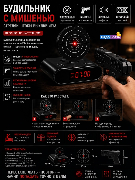 Nishonli budilnik pistoletli elektron soat Gun Alarm Clock original sovg‘a - 