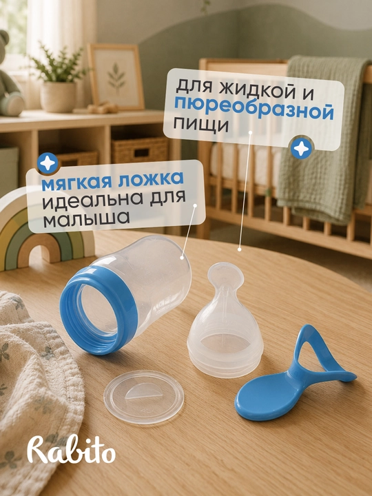 Детская бутылочка с ложкой Rаbito для первого прикорма и пюре, силиконовая, 4+ месяцев