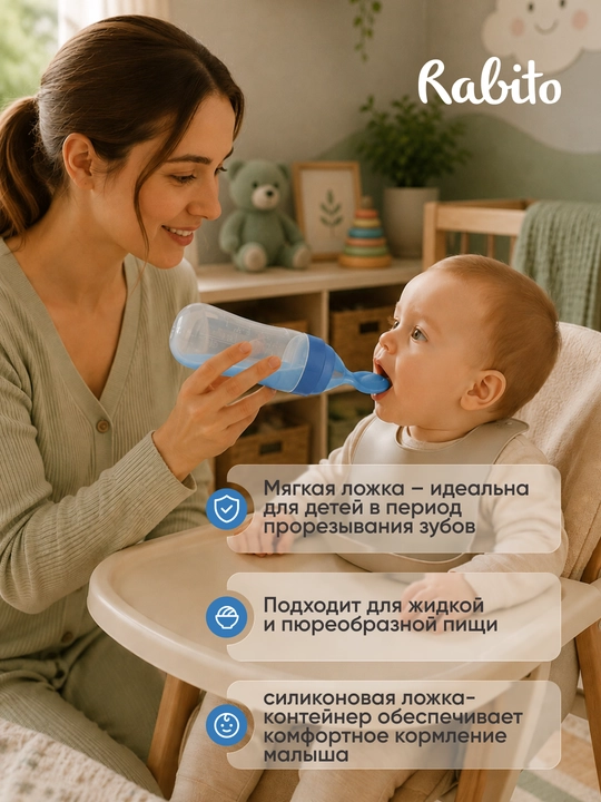 Детская бутылочка с ложкой Rаbito для первого прикорма и пюре, силиконовая, 4+ месяцев