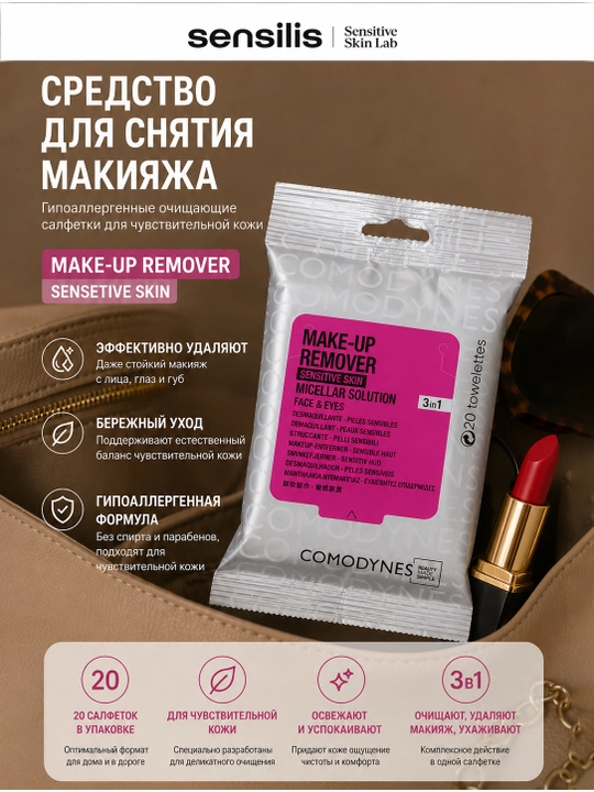 Средство для снятия макияжа для чувствительной кожи Comodynes micellar sensetive skin20Towels