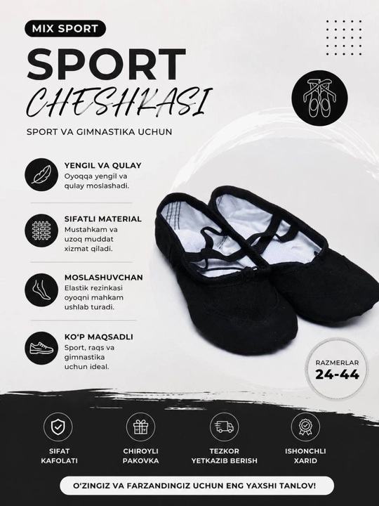 Professional cheshka, balet, raqs va gimnastika poyabzali - 
