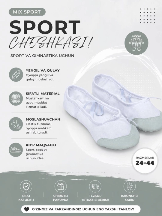 Professional cheshka, balet, raqs va gimnastika poyabzali - 