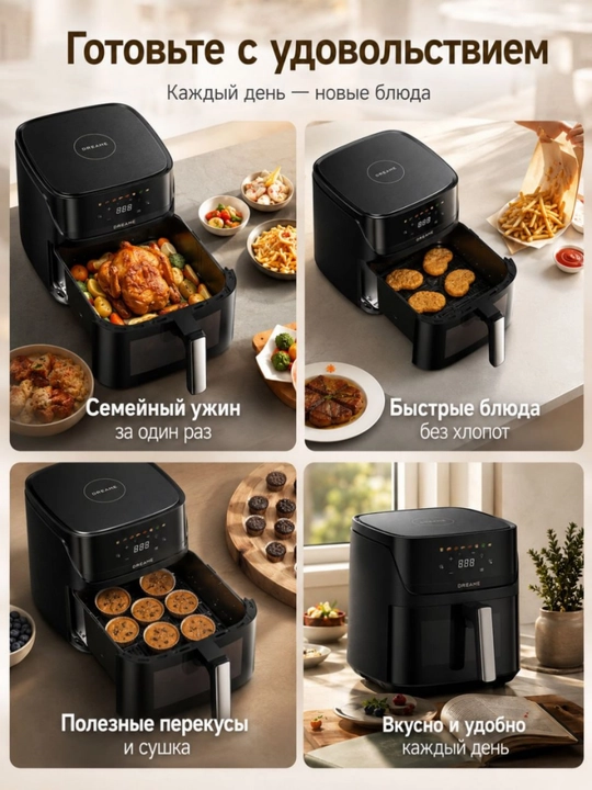 Аэрогриль Dreame AF10 Tasti Airfryer, 7.6 л, Cyclonic 360°, 2800 Вт, 8 режимов, чёрный