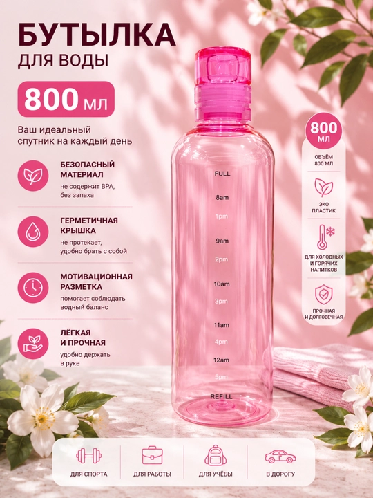 800 ml hajmli suv shishasi, motivatsion vaqt shkalasi bilan - 