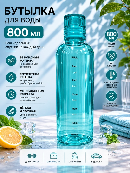 800 ml hajmli suv shishasi, motivatsion vaqt shkalasi bilan - 