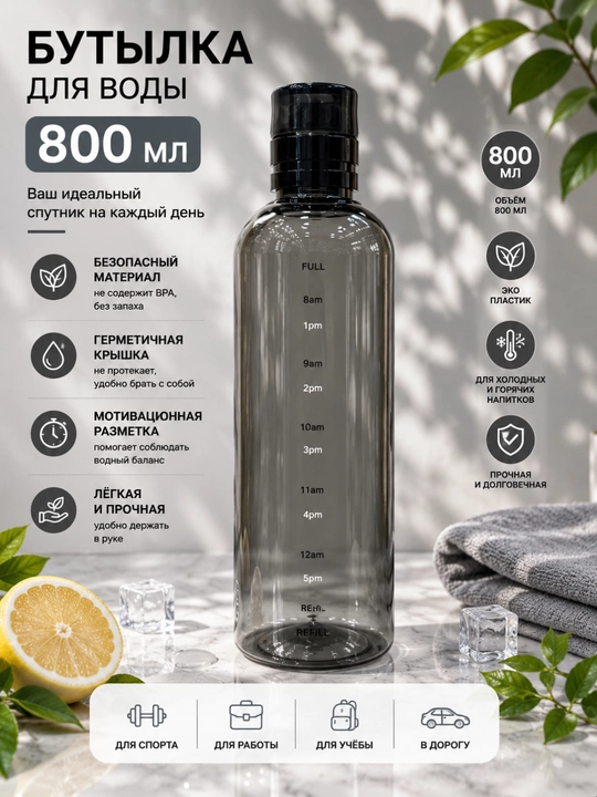 800 ml hajmli suv shishasi, motivatsion vaqt shkalasi bilan - 