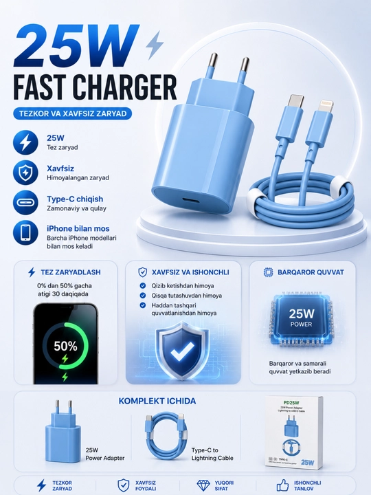 25W To'plam iphone zaryadchik kabel, ayfon zaryadchik adapter - 
