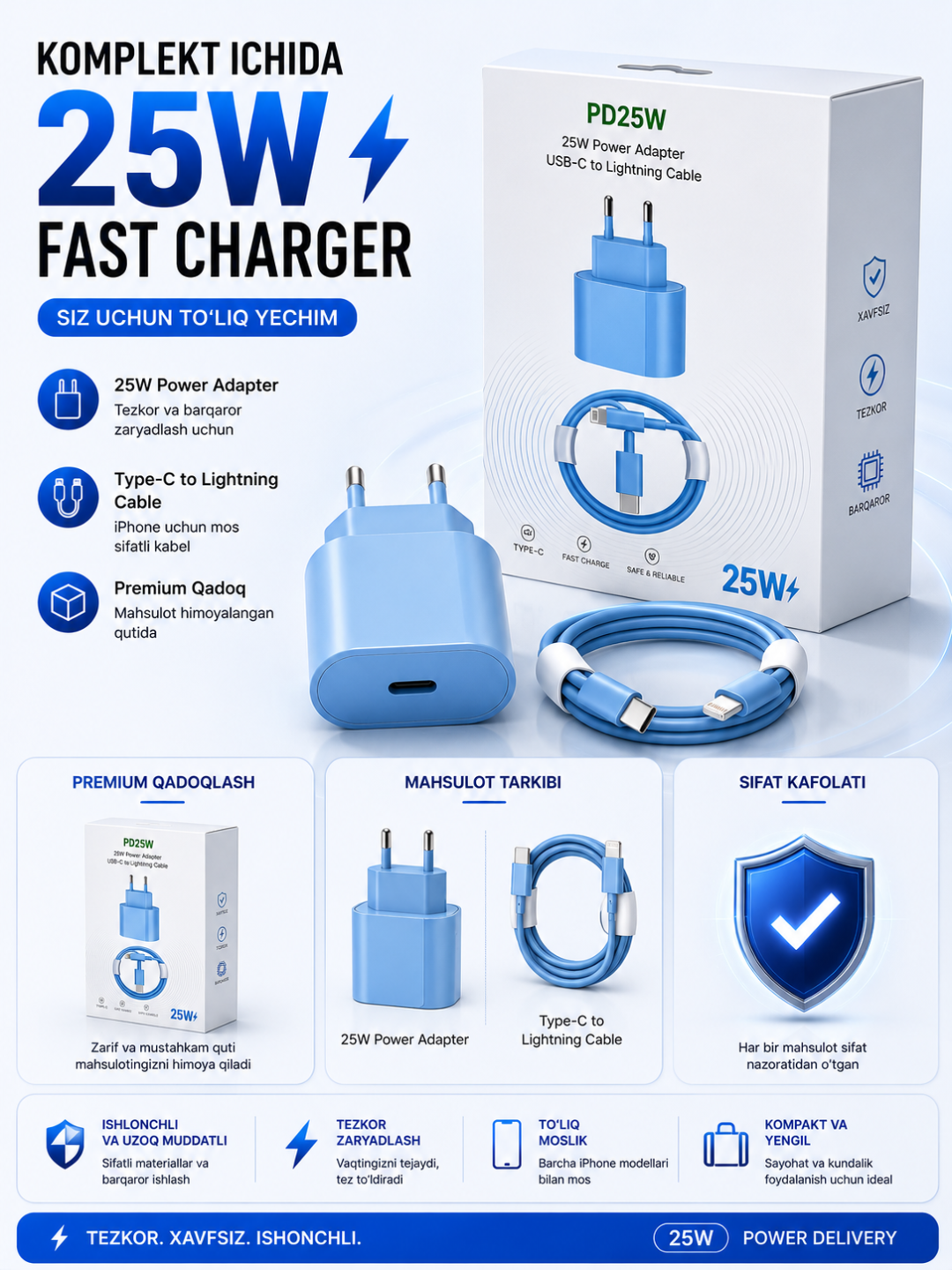 25W To'plam iphone zaryadchik kabel, ayfon zaryadchik adapter