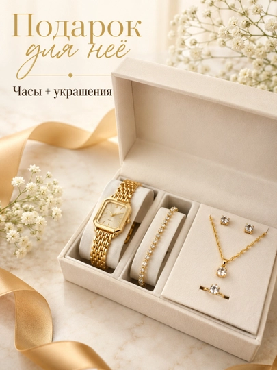 Подарок для женщины 5 в 1 - часы, браслет, серьги, цепочка и кольцо