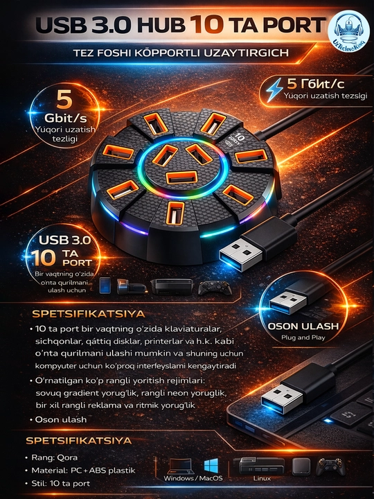 10 portli USB HUB 3.0, hub-konsentrator dumaloq, USB port - 