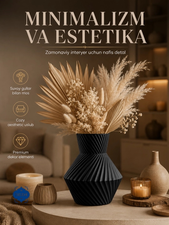 Ваза стеклянная для цветов, декоративная ваза для интерьера –  минимализм, белый и чёрный