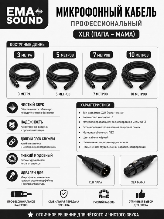 Кабель для микрофонов  3м 5м 7м 10м