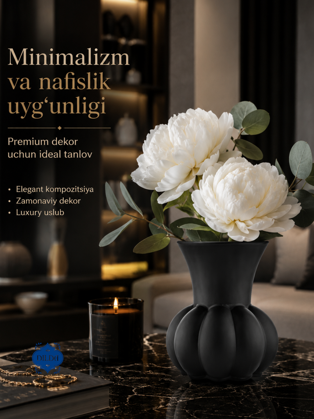 Gullar uchun shisha vaza, interyer uchun dekorativ vaza - minimalizm, oq va qora - 