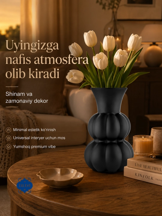 Gullar uchun shisha vaza, interyer uchun dekorativ vaza - minimalizm, oq va qora - 